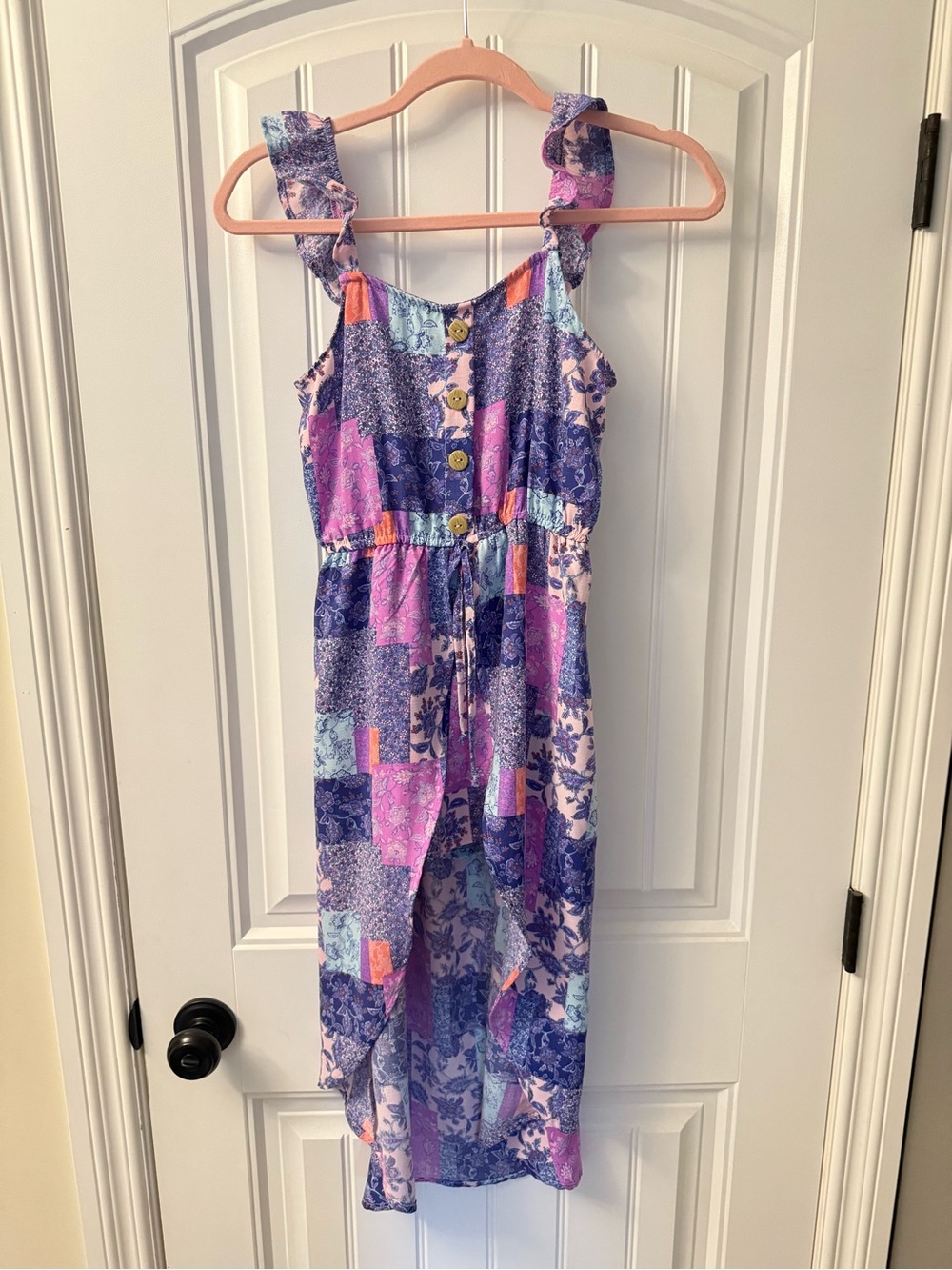 Girls Purple Patchwork Ruffle-Strap Sundress